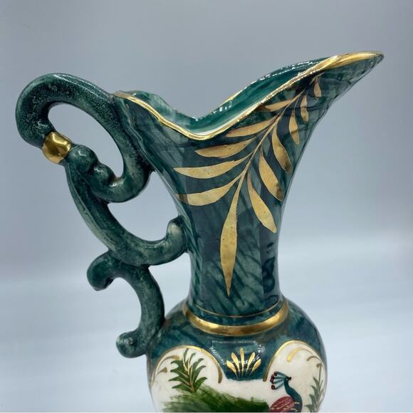 Vintage Hand Painted Peacock Ornate Vase Decor Green Teal Gold Porcelain - Picture 2 of 16